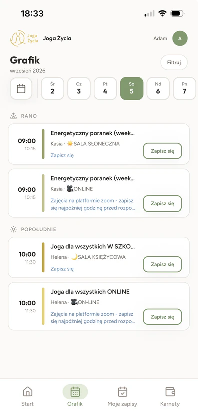 Screenshot: aplikace pro účastníky kurzů s rozvrhem lekcí